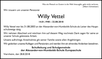 Traueranzeige von Willy Vettel von Südhessen Morgen