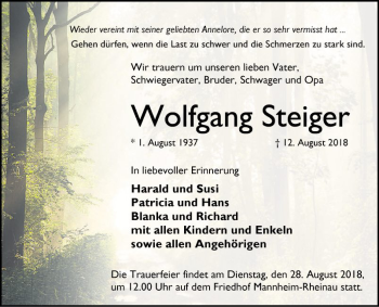 Traueranzeige von Wolfgang Steiger von Mannheimer Morgen