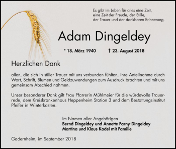 Traueranzeige von Adam Dingeldey von Bergsträßer Anzeiger