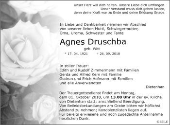 Traueranzeige von Agnes Druschba von Fränkische Nachrichten