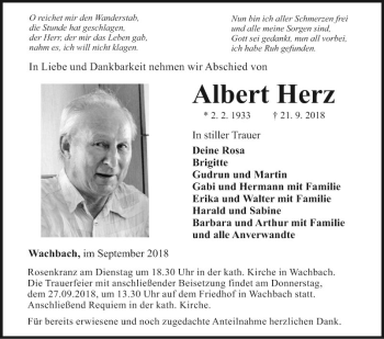 Traueranzeige von Albert Herz von Fränkische Nachrichten