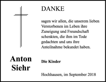 Traueranzeige von Anton Siehr von Fränkische Nachrichten