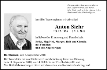 Traueranzeige von Anton Siehr von Fränkische Nachrichten