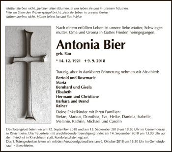 Traueranzeige von Antonia Bier von Fränkische Nachrichten