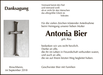 Traueranzeige von Antonia Bier von Fränkische Nachrichten