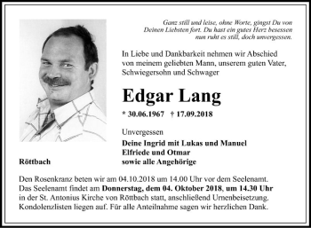 Traueranzeige von Edgar Lang von Fränkische Nachrichten