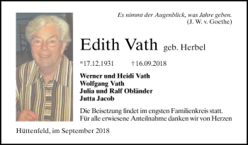 Traueranzeige von Edith Vath von Südhessen Morgen