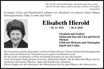 Traueranzeige von Elisabeth Hierold von Fränkische Nachrichten