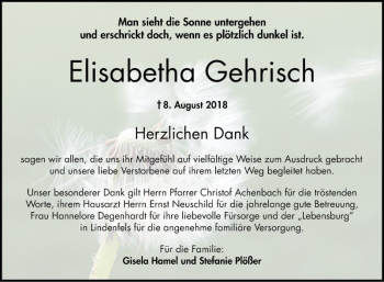 Traueranzeige von Elisabetha Gehrisch von Bergsträßer Anzeiger