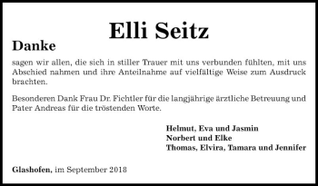 Traueranzeige von Elli Seitz von Fränkische Nachrichten