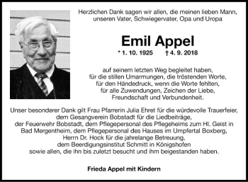 Traueranzeige von Emil Appel von Fränkische Nachrichten