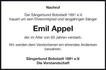 Traueranzeige von Emil Appel von Fränkische Nachrichten