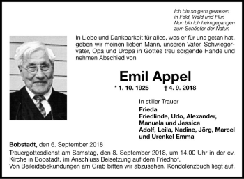 Traueranzeige von Emil Appel von Fränkische Nachrichten