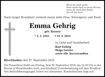 Traueranzeige von Emma Gehrig von Fränkische Nachrichten