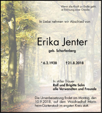 Traueranzeige von Erika Jenter von Mannheimer Morgen