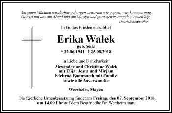 Traueranzeige von Erika Walek 