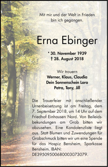 Traueranzeige von Erna Ebinger von Bergsträßer Anzeiger