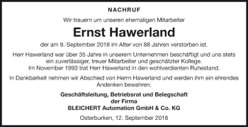 Traueranzeige von Ernst Hawerland von Fränkische Nachrichten