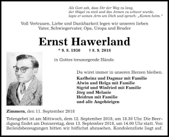 Traueranzeige von Ernst Hawerland von Fränkische Nachrichten