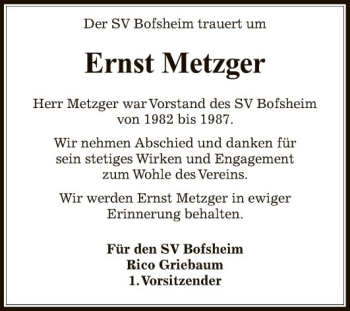 Traueranzeige von Ernst Metzger von Fränkische Nachrichten