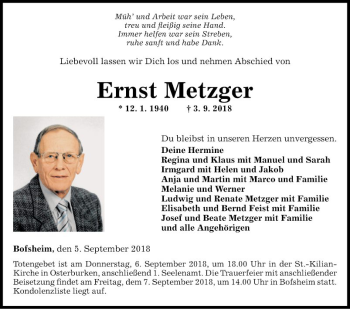 Traueranzeige von Ernst Metzger von Fränkische Nachrichten