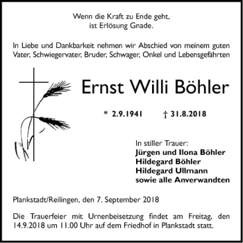 Traueranzeige von Ernst Willi Böhler von Schwetzinger Zeitung