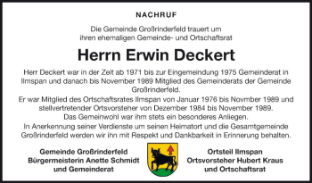 Traueranzeige von Erwin Deckert von Fränkische Nachrichten