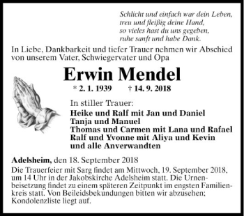 Traueranzeige von Erwin Mendel von Fränkische Nachrichten