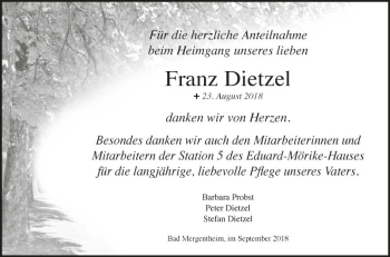 Traueranzeige von Franz Dietzel von Fränkische Nachrichten