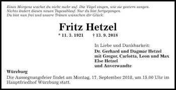 Traueranzeige von Fritz Hetzel von Fränkische Nachrichten