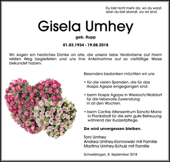 Traueranzeige von Gisela Umhey von Schwetzinger Zeitung