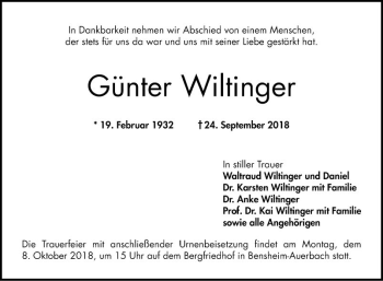 Traueranzeige von Günter Wiltinger von Bergsträßer Anzeiger