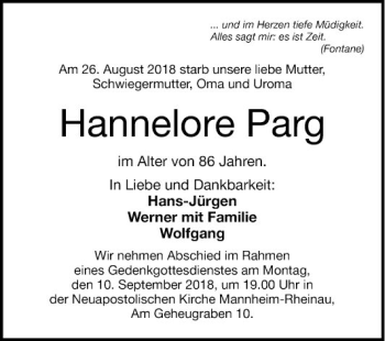 Traueranzeige von Hannelore Parg von Mannheimer Morgen