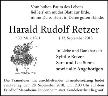 Traueranzeige von Harald Rudolf Retzer von Mannheimer Morgen