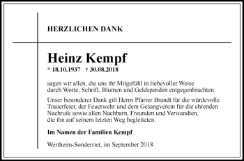 Traueranzeige von Heinz Kempf von Fränkische Nachrichten