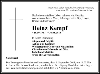 Traueranzeige von Heinz Kempf von Fränkische Nachrichten