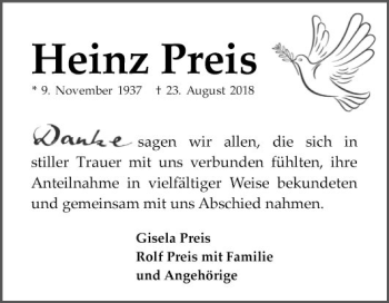 Traueranzeige von Heinz Preis von Mannheimer Morgen