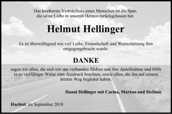 Traueranzeige von Helmut Hellinger von Fränkische Nachrichten