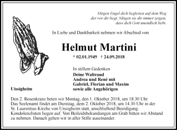 Traueranzeige von Helmut Martini von Fränkische Nachrichten