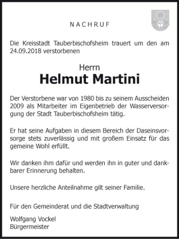 Traueranzeige von Helmut Martini von Fränkische Nachrichten