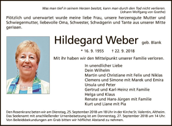 Traueranzeige von Hildegard Weber von Fränkische Nachrichten