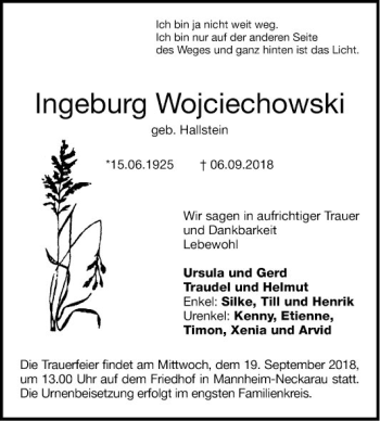 Traueranzeige von Ingeburg Wojciechowski von Mannheimer Morgen