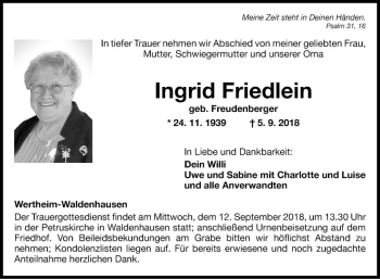 Traueranzeige von Ingrid Friedlein von Fränkische Nachrichten