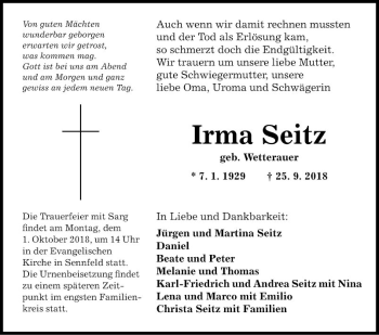 Traueranzeige von Irma Seitz von Fränkische Nachrichten