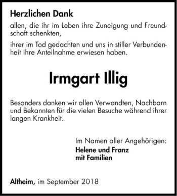 Traueranzeige von Irmgart Illig von Fränkische Nachrichten