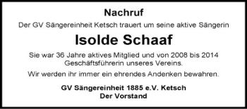 Traueranzeige von Isolde Schaaf von Schwetzinger Zeitung