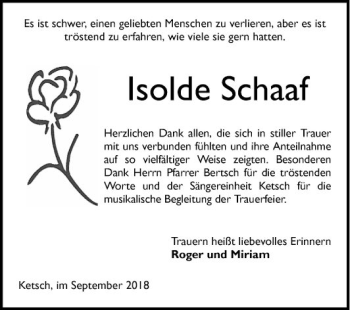 Traueranzeige von Isolde Schaaf von Schwetzinger Zeitung