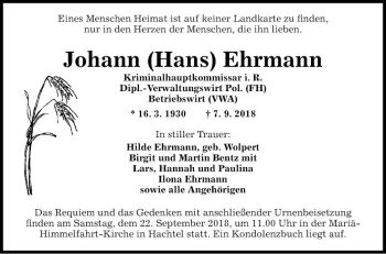 Traueranzeige von Johann Hans Ehrmann von Fränkische Nachrichten