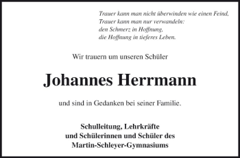 Traueranzeige von Johannes Herrmann von Fränkische Nachrichten