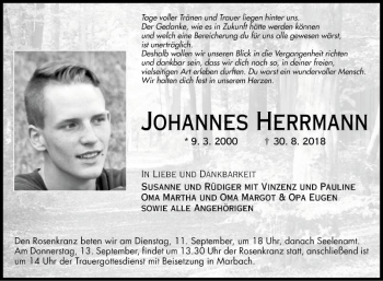 Traueranzeige von Johannes Herrmann von Fränkische Nachrichten